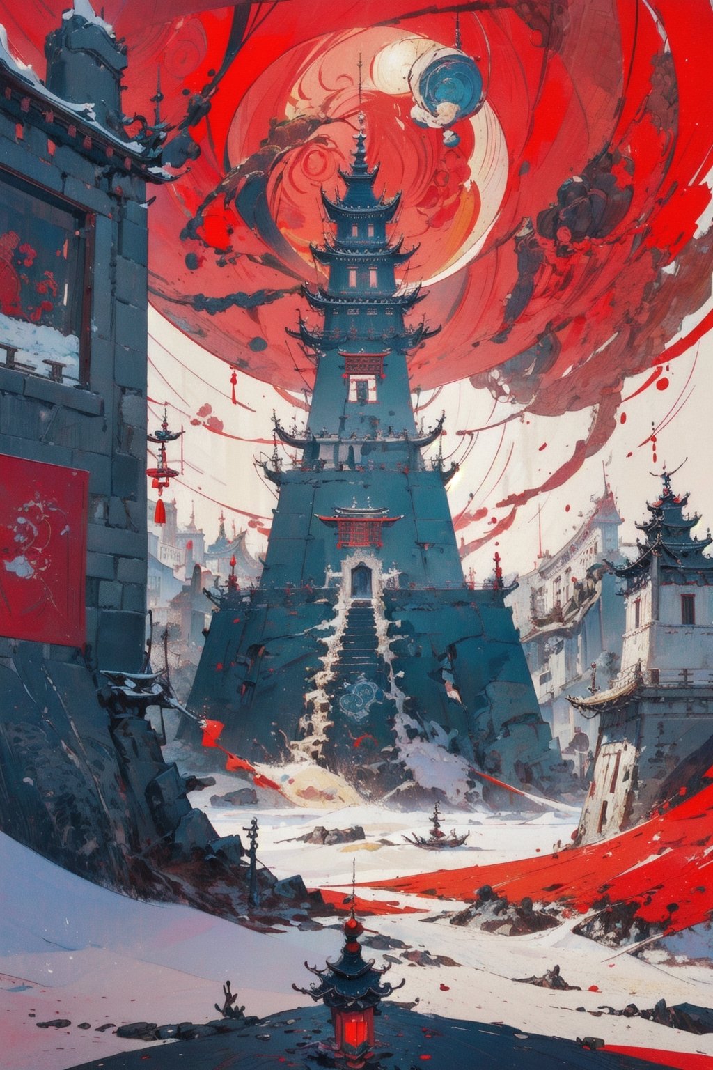 Potala Palace in China, Red Palace perspective, an old buildings with a planet at the top, in the style of Art Nouveau, buddhist art and architecture, red and crimson, trylea Zhichao Cai, northern china's terrain, bold color blocks