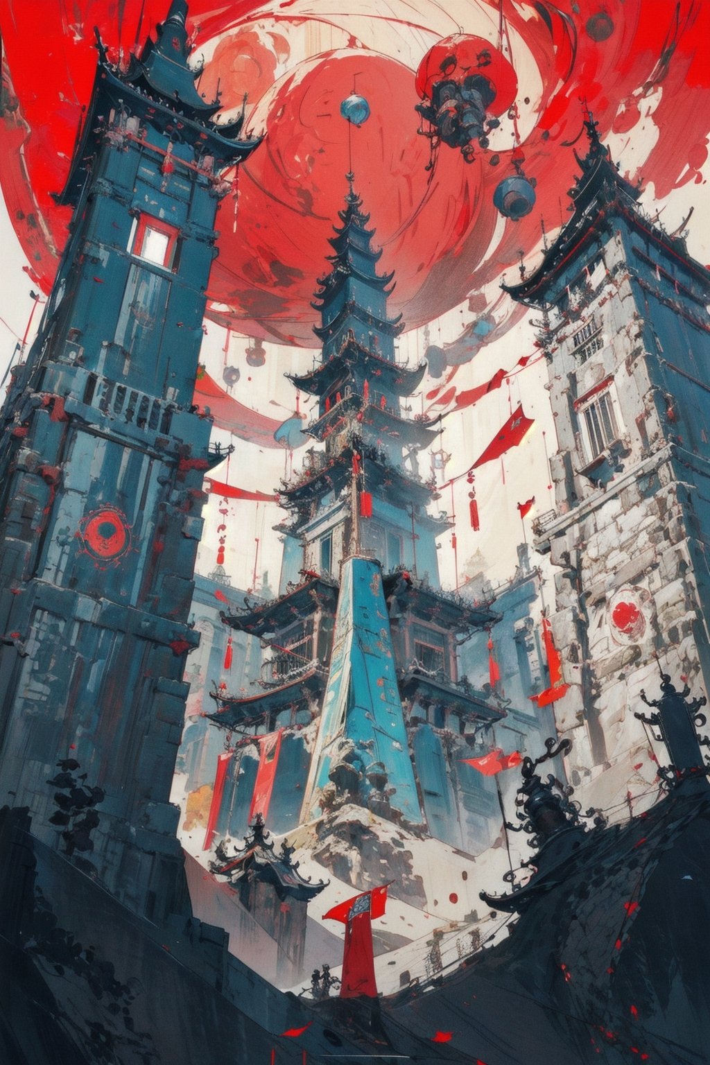 Potala Palace in China, Red Palace perspective, an old buildings with a planet at the top, in the style of Thomas Häfner, Art Nouveau, buddhist art and architecture, red and crimson, trylea Zhichao Cai, northern china's terrain, bold color blocks