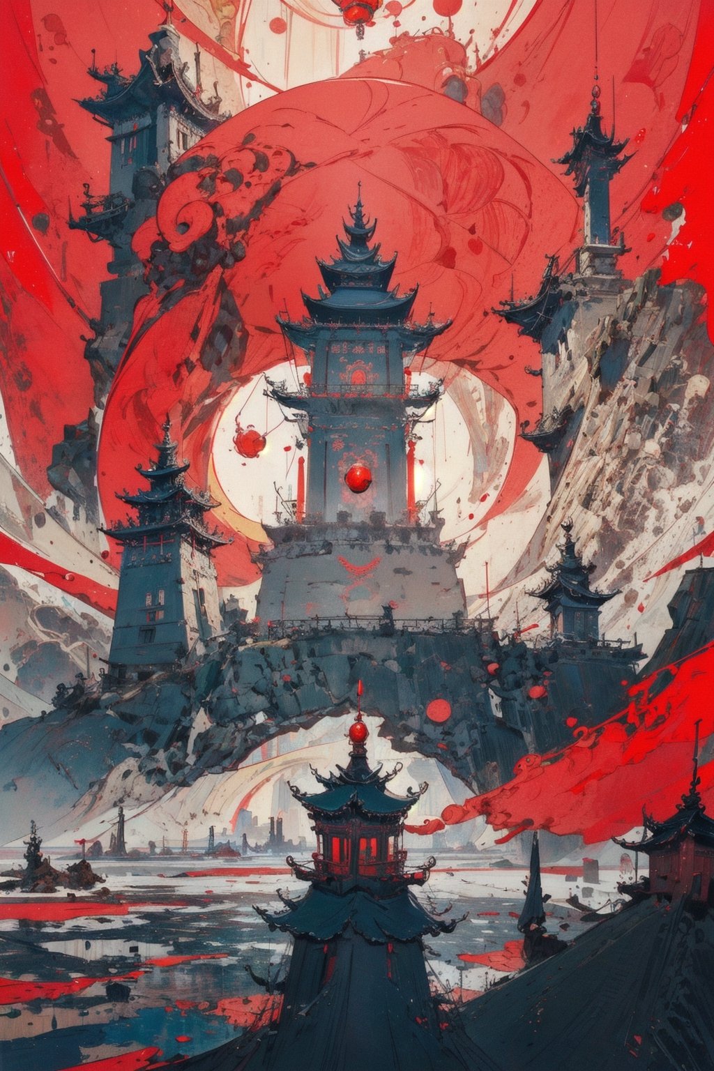 Potala Palace in China, Red Palace perspective, an old buildings with a planet at the top, in the style of Thomas Häfner, Art Nouveau, buddhist art and architecture, red and crimson, trylea Zhichao Cai, northern china's terrain, bold color blocks