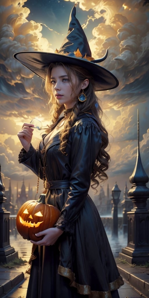 ((masterpiece)), (best quality), (cinematic), Slender, skinny, big Chest, big breasts, witch, witch_hat, girl dressed in a spooky Halloween costume, holding a carved pumpkin, pumpkin goddess, surrounded by pumpkin, wearing a gorgeous black dress with detailed ornaments on her head, close-up, puddles of water, long white hair, bangs, red eyes, wind, detailed face, detailed body, dark gray sky, glow, clouds, city lights, floating bubbles (cinematic, colorful), (extremely detailed), clouds, highly detailed face,aerith gainsborough,aerith gainsborough \(cosplay\), choker, face, close up.,Detailedface