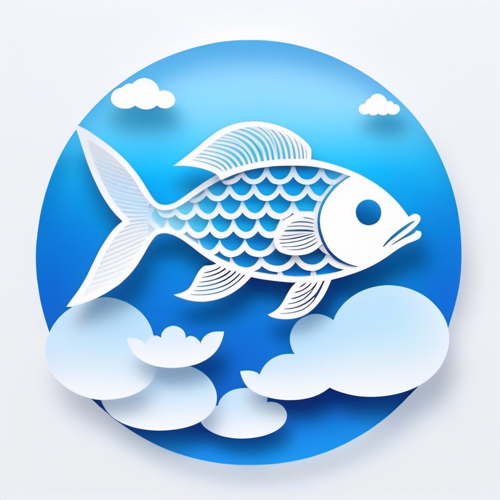 ohaxicxn icon, Chinese Zodiac fish symbol, anchovy fish, apps, blue white gradient background, transparent texture, paper sculpture, winter Festival, auspicious clouds, seaways, ohaxicxn