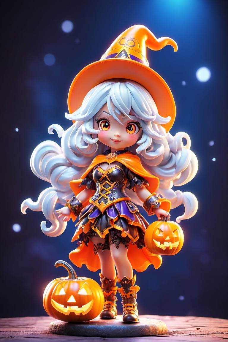  ((1 girl with Halloween costume and wizard hat holding a halloween pumpkin , in the halloween night festival,adorable, happy)), (masterpiece, best quality, ultra-detailed), (detailed background)street, bokeh, (beautiful detailed face), high contrast, ,girl , boxing pose, long silver hair