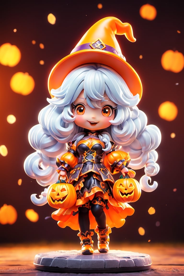  ((1 girl with Halloween costume and wizard hat holding a halloween pumpkin , in the halloween night festival,adorable, happy)), (masterpiece, best quality, ultra-detailed), (detailed background)street, bokeh, (beautiful detailed face), high contrast, ,girl , boxing pose, long silver hair