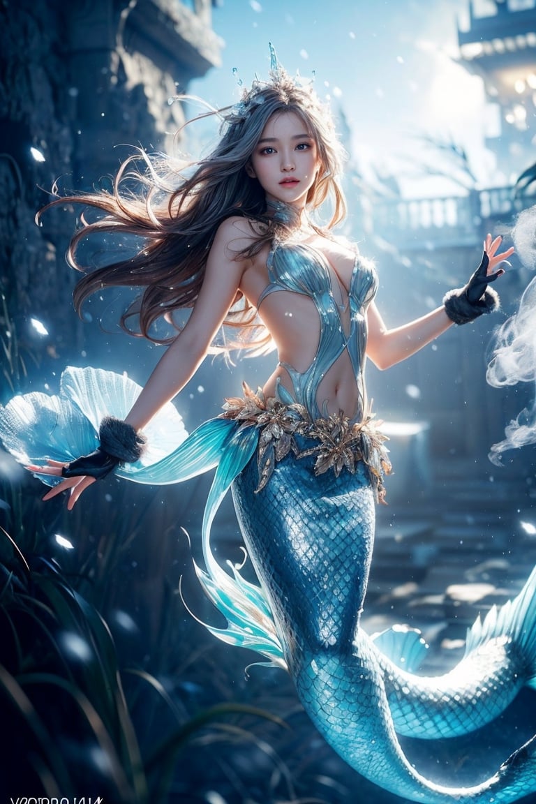 the fur beautiful, body, full body, fluff skin,fantasy, subsurface scattering, perfect anatomy, glow, bloom, Bioluminescent liquid, zen style, Movie Still, cold color, vibrant, volumetric light (masterpiece, top quality, best quality, official art, beautiful and aesthetic:1.2), (1 Mermaid ), extreme detailed, (abstract, fractal art:1.3), colorful hair, highest detailed, detailed eyes, snowing, smoke bubbles, light particles, Mermaid  girl, babyface, perfect body, perfect hands,wear gloves, anatomically perfect body, sexy posture, (black eyes), (gray hair), very long hair, long white fur sweater dress,white fur bike shorts, dynamic angle, depth of field, hyper detailed, highly detailed, beautiful, small details, ultra detailed, best quality, 4k, vietnamese girl, 