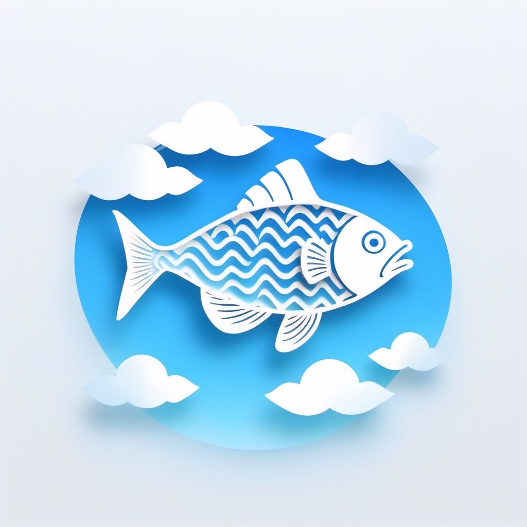 ohaxicxn icon, Chinese Zodiac fish symbol, anchovy fish, icon, blue white gradient background, transparent texture, paper sculpture, winter Festival, auspicious clouds, sea, ,ohaxicxn,icon