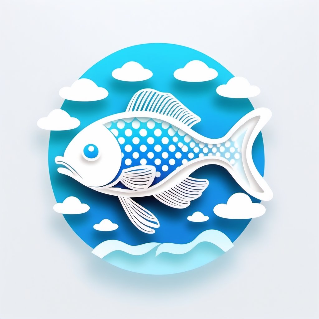 ohaxicxn icon, Chinese Zodiac fish symbol, anchovy fish, apps, seablue white gradient background, seaway, transparent texture, paper sculpture, winter Festival, auspicious clouds, ohaxicxn