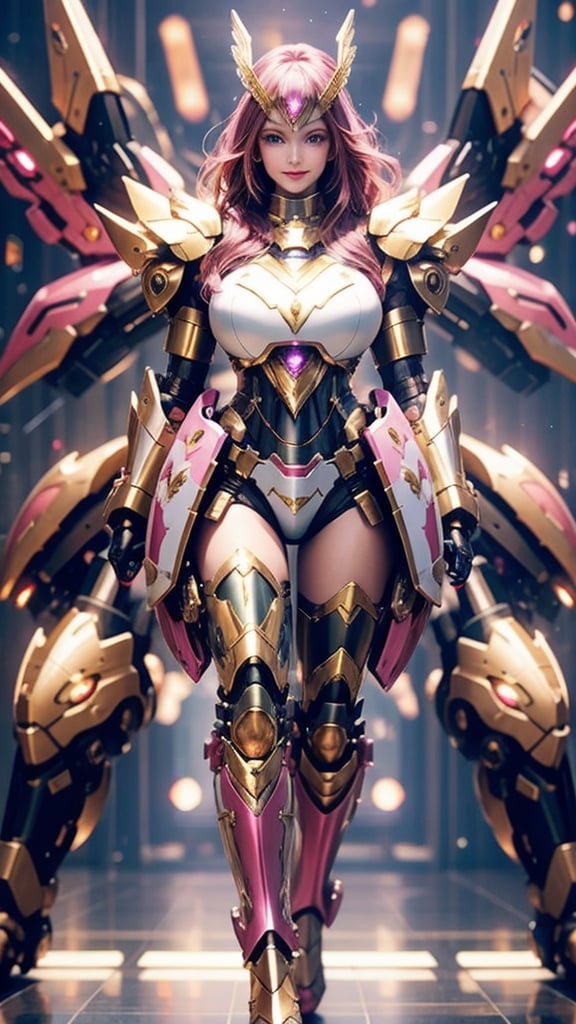 (1girl looking at viewer),(High quality, hyper realistic, 4k) ,symmetry color, symmetrical, very detailed reflection, masterpiece, vivid vibrant color,((full body)),((detailed facial)),gigantic_breasts,mecha,hex_s1,valkyrie style,full armor,glitter,blurry_light_background,realhands,little_cute_girl,naked breasts,ankle,(full armor),high heel boots,foot,bikini,hourglass body shape,ankle,smile,long legs