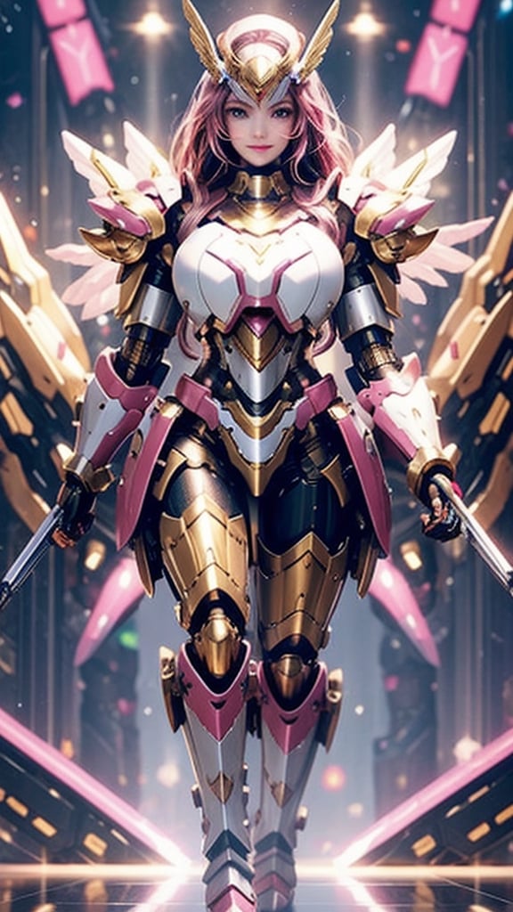 (1girl looking at viewer),(High quality, hyper realistic, 4k) ,symmetry color, symmetrical, very detailed reflection, masterpiece, vivid vibrant color,((full body)),((detailed facial)),gigantic_breasts,mecha,hex_s1,valkyrie style,full armor,glitter,blurry_light_background,realhands,little_cute_girl,naked breasts,ankle,(full armor),high heel boots,foot,bikini,hourglass body shape,ankle,smile