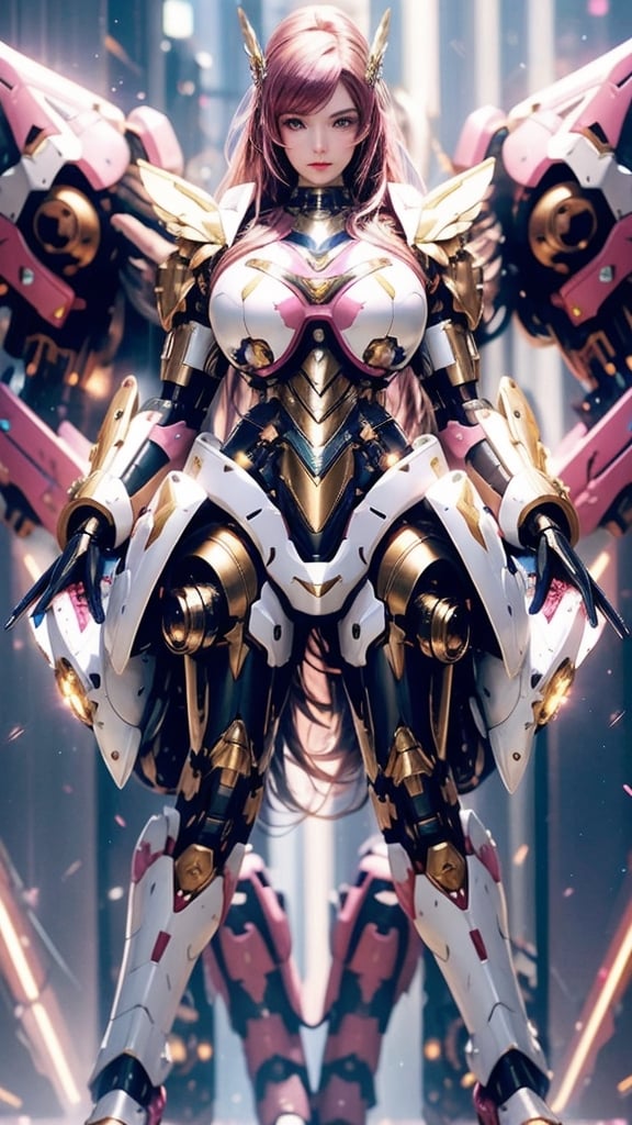 (1girl looking at viewer),(High quality, hyper realistic, 4k) ,symmetry color, symmetrical, very detailed reflection, masterpiece, vivid vibrant color,((full body)),((detailed facial)),gigantic_breasts,mecha,hex_s1,valkyrie style,full armor,glitter,blurry_light_background,realhands,little_cute_girl,naked breasts,ankle,(full armor),high heel boots,cyborg,foot,bikini,hourglass body shape,n_2b,starry,WonderWaifu,high_school_girl