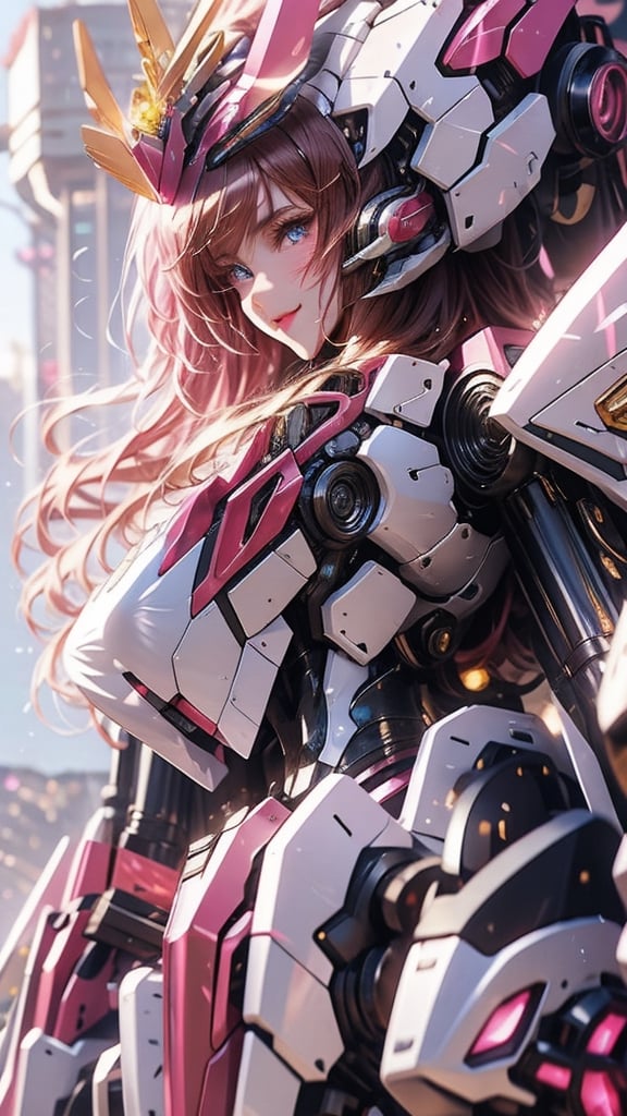 (1girl looking at viewer),(High quality, hyper realistic, 4k) ,symmetry color, symmetrical, very detailed reflection, masterpiece, vivid vibrant color,((full body)),((detailed facial)),gigantic_breasts,mecha,hex_s1,valkyrie style,full armor,smile,glitter,blurry_light_background,realhands,neon_genesis_girl,little_cute_girl