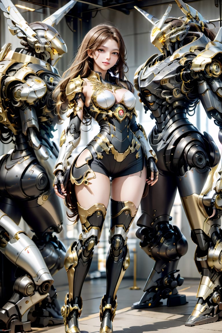 (only 1girl, looking at viewer), brown long hair, full body,full body , dynamic pose, delicate gold filigree, intricate filigree, black metalic parts, golden parts, intricate armor, detailed part,cyborg,smile,ankle,ellafreya,candyseul,gigantic_breasts,huge_breasts,LinkGirl,p3rfect boobs,cyborg style,long leg,high heel boots,8k,big_breasts,SteelHeartQuiron, knees to chest,calf,character,SteelHeartQuiron character,cleavage,mecha,robot,android