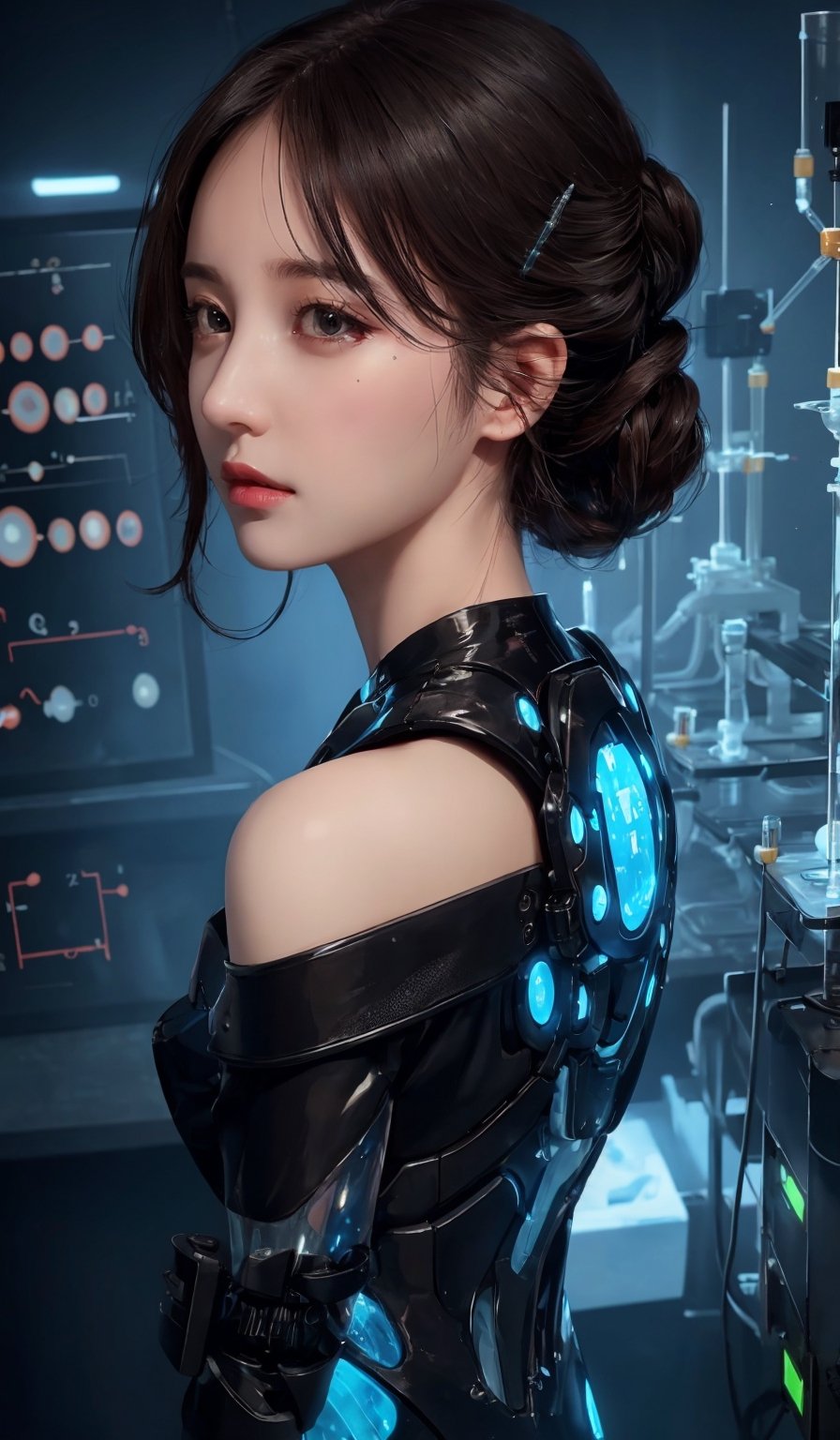 Special operation agent, futuristic tactical black suit, extra detailed, detailed anatomy, detailed face, detailed eyes, 1 girl, long dark brown hair, black eyes, (((head view))), 40 years old, off-shoulder, (side view), futuristic science laboratory, ((doing scientific experiment)),yurayura_yuuura