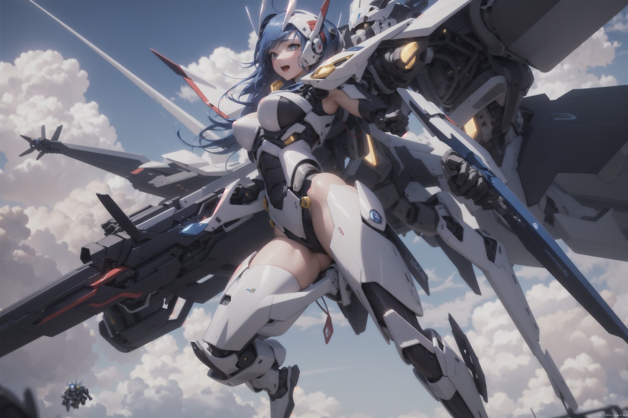 (masterpiece, best quality:1.5), (photorealistic:1.3), realistic, official art, ultra-detailed, intricate details, HDR, soft lighting, vibrant, depth of field, 2girls, flying in sky, silver color hair, dynamic pose, dynamic angles, shiny skin, mecha musume, REIOVABIKINI, huge robotic arms,  equip rocket boosters, mecha suit ,sexy, bright, happy, fun, soft lighting, cloud, full body, mecha headgear