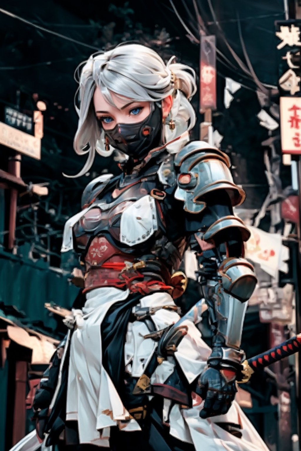 1girl, a 20 yo woman, blonde, heavy armor, samurai, blue eyes, best quality, cowboy shot,

silver earings, silverhair, 
dynamic angles, dynamic pose,
realistic,