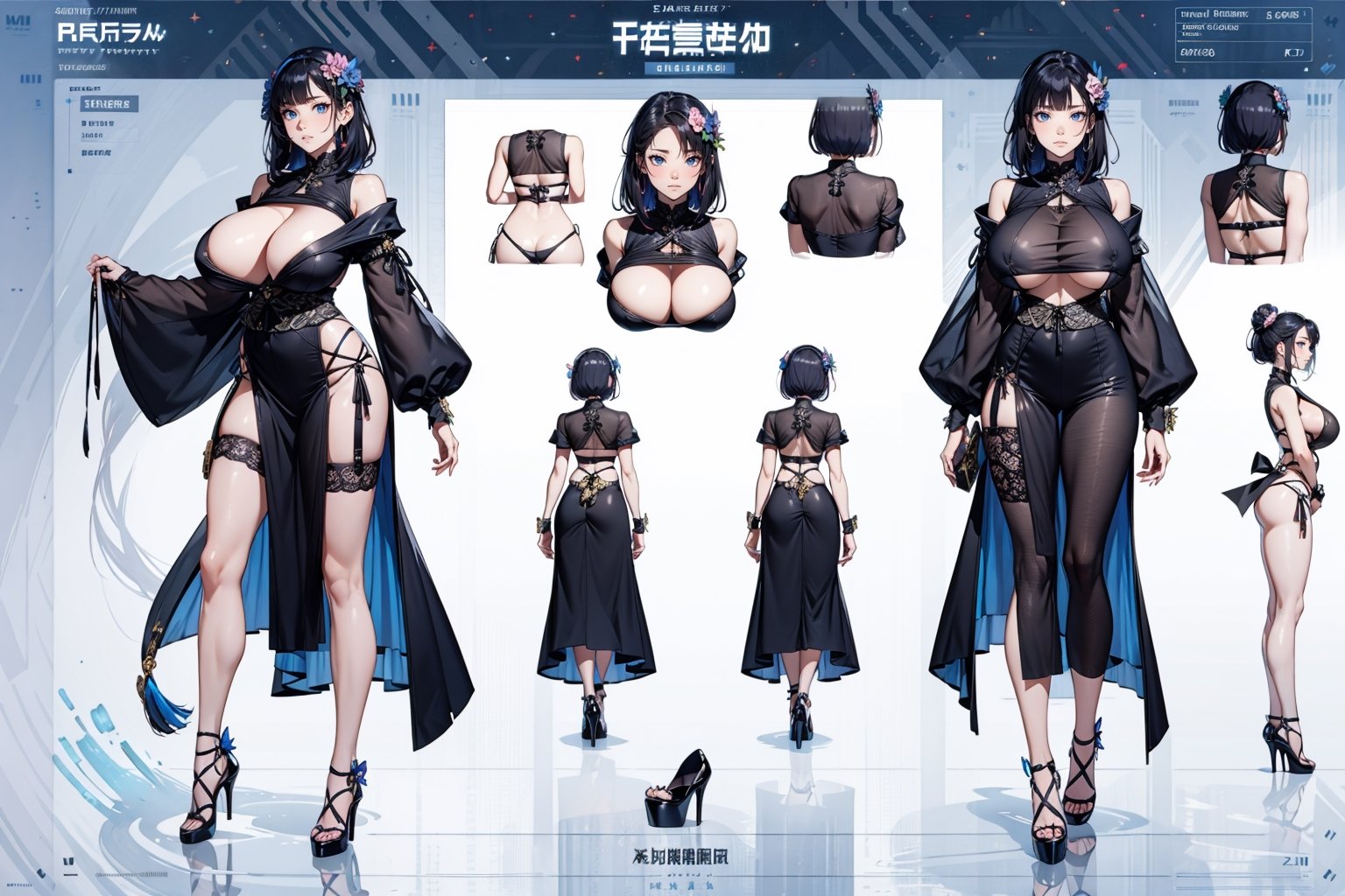 (masterpiece), (best quality), (ultra-detailed), 
woman, white skin, shiny skin, shiny body, 
gigantic breast, beautiful breast shape, 
Tear Drop breast, smile, 
black kimono, lace trim, high heels,

white background, charactersheet, full body, multiple views full body upper body, character design, front view design, back view design, side_view_design,

,Milf, mature female, gigantic sagging breasts,
large breasts, gigantic breasts, sagging breasts,upshirt