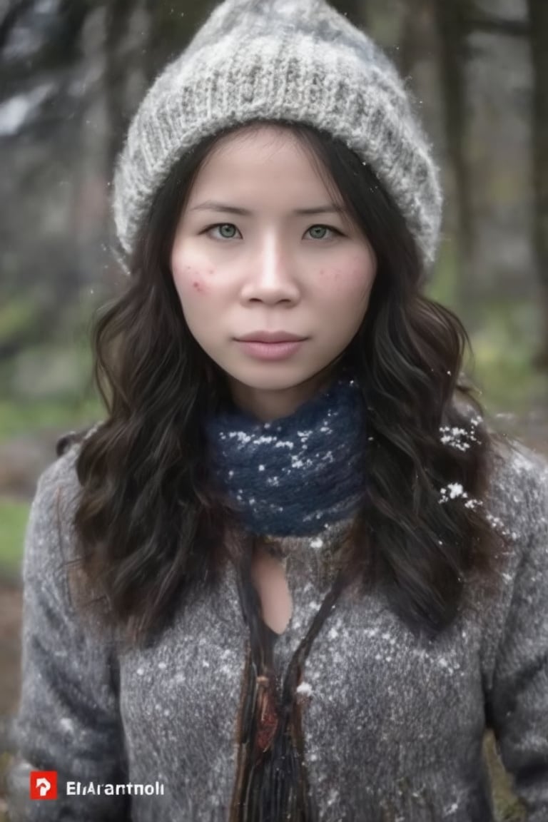 A cowboy shot of a girl, wavy hair, black hair, ocean green eyes, standing in a forest in winter, warm clothes, scarf, beanie, condensed breath, parted lips, looking at viewer, snow flakes,, freckles, pale skin, realistic, photo, golden hour, cinematic lighting, celluloid film skintone color style, earthy colors, blue colors,poakl girl