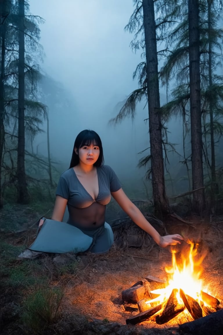 A young Japanese woman is camping in a deep mountain forest with thick fog,campfire,masterpiece,best quality,ultra detailed face,ultra detailed,4k,((blue eyes,blueeyes,blue_eyes)),skinny,(wide shot),ghost_girl,ghost,night,spooky,midnight,cleavage,dirty shirts,(boobs),tent,campfire