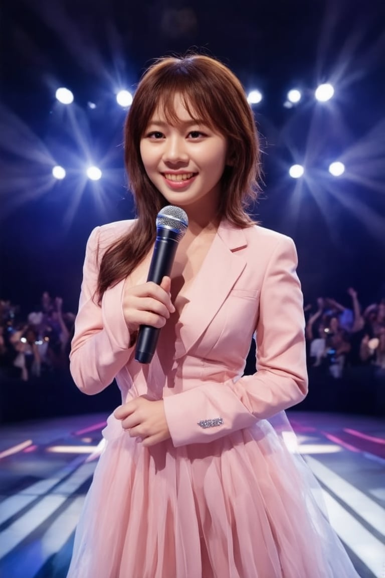 A glamorous K-pop star stands center stage, exuding elegance and charm. The scene is set in a grand concert hall, with spotlights creating a dramatic effect, highlighting her flawless makeup and luxurious attire. She poses with a confident smile, holding a microphone, her posture reflecting poise and sophistication. The background is filled with vibrant, colorful lights, enhancing the atmosphere of a high-energy performance. The composition captures her star power and the electrifying ambiance of a K-pop concert.