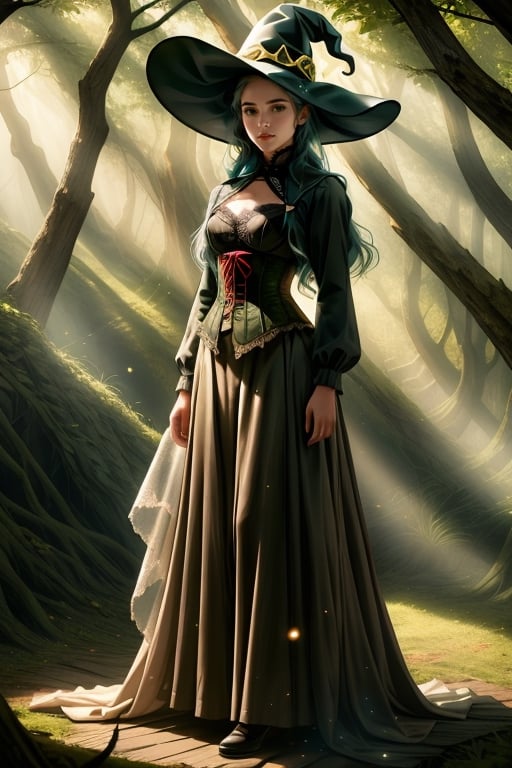 a girl, half-elf, witch hat, long black and blue hair, light brown shining eyes, lingerie, particles, photorealistic, masterpiece, 8k, full detailed, full body, cinematography scene,realistic, higher definition, teen factions, magic particles, particles, hair accessories, decorate clothes, high details, light runic details, Nails, frontal view, dark green dress, corset, village, forest, dreamy, magic scenario, skirt, long skirt,Strong Backlit Particles,