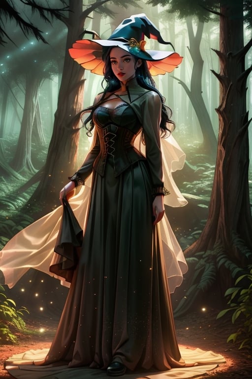 a girl, half-elf, witch hat, long black and blue hair, light brown shining eyes, lingerie, particles, photorealistic, masterpiece, 8k, full detailed, full body, cinematography scene,realistic, higher definition, teen factions, magic particles, particles, hair accessories, decorate clothes, high details, light runic details, Nails, frontal view, dark green dress, corset, village, forest, dreamy, magic scenario, skirt, long skirt,Strong Backlit Particles, beauty lips,