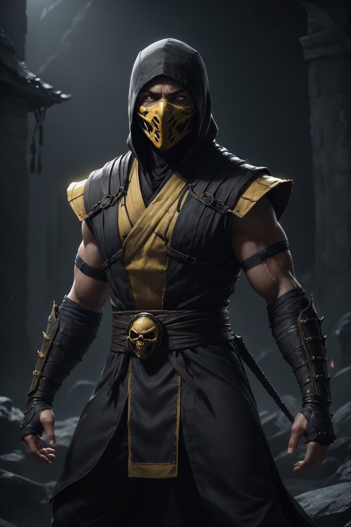 Scorpion (mortal Kombat), Scorpion is most commonly recognized in his ninja attire, which is primarily black with yellow accents. He wears a mask that covers his face, exposing only his glowing white eyes, and often has a stylized, mouthless skull design on it. His outfit includes a tunic, tabard, sash, and forearm guards, in dynamic, atmosphere of darkness and horror, dramatic light, highly detailed, packed with hidden details, in the style of wallpaper portraits, realistic attention to detail, highly detailed, UHD, 8K