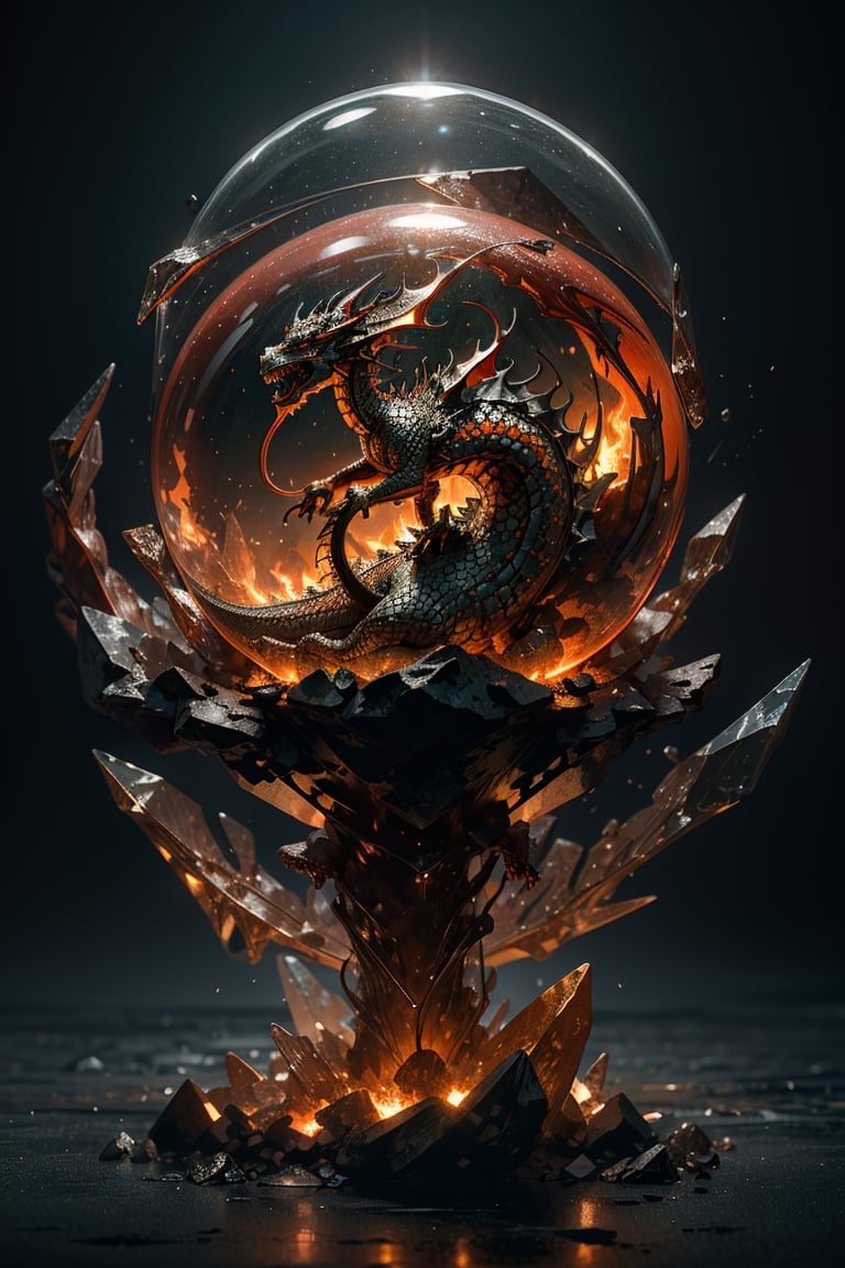 double exposure image by blending together a stormy sea and a crystal ball. The sea should serve as the underlying backdrop, with its details subtly incorporated into the glossy crystal ball where a dragon is entrapped, spewing fire. Sharp focus, double exposure, glossy crystal ball, (translucent glass figure with a captive dragon) (sea inside), vibrant yet ominous, fiery dragon, red colors, decadence, intricate design, hyper-realistic, high definition, extremely detailed, dark softbox image, raytracing, cinematic, HDR, photorealistic (double exposure:1.1)