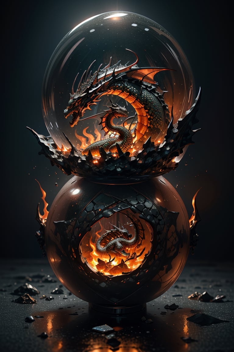 double exposure image by blending together a stormy sea and a crystal ball. The sea should serve as the underlying backdrop, with its details subtly incorporated into the glossy crystal ball where a dragon is entrapped, spewing fire. Sharp focus, double exposure, glossy crystal ball, (translucent glass figure with a captive dragon) (sea inside), vibrant yet ominous, fiery dragon, red colors, decadence, intricate design, hyper-realistic, high definition, extremely detailed, dark softbox image, raytracing, cinematic, HDR, photorealistic (double exposure:1.1)