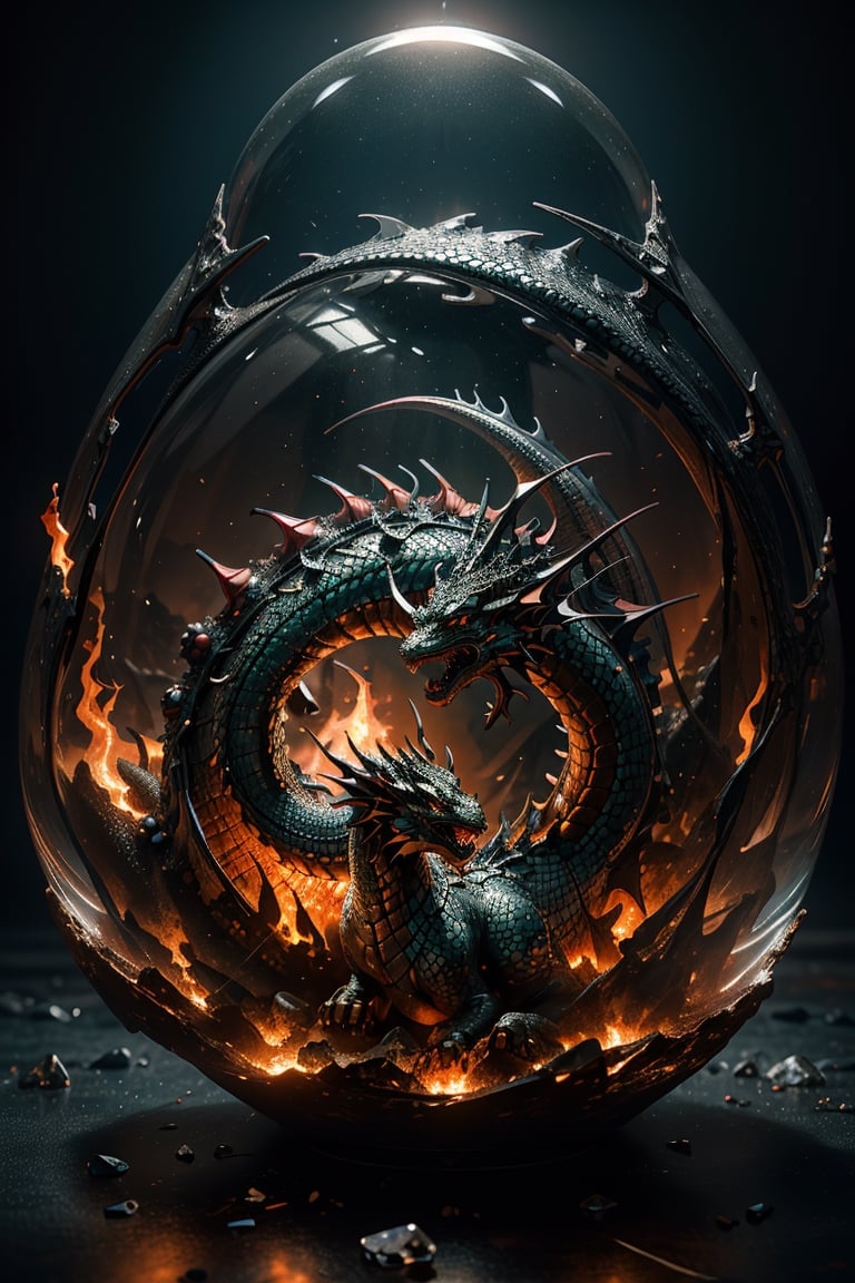 double exposure image by blending together a stormy sea and a crystal ball. The sea should serve as the underlying backdrop, with its details subtly incorporated into the glossy crystal ball where a dragon is entrapped, spewing fire. Sharp focus, double exposure, glossy crystal ball, (translucent glass figure with a captive dragon) (sea inside), vibrant yet ominous, fiery dragon, red colors, decadence, intricate design, hyper-realistic, high definition, extremely detailed, dark softbox image, raytracing, cinematic, HDR, photorealistic (double exposure:1.1)