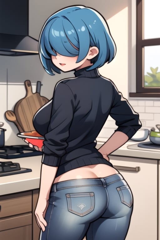 Shadman, 1girl, (black sweater), blue_jeans, (very short blue Hair over eyes), ass, milf, voloptuous, voluptuous, bending_over, kitchen,Hair over eyes, cooking, from_behind