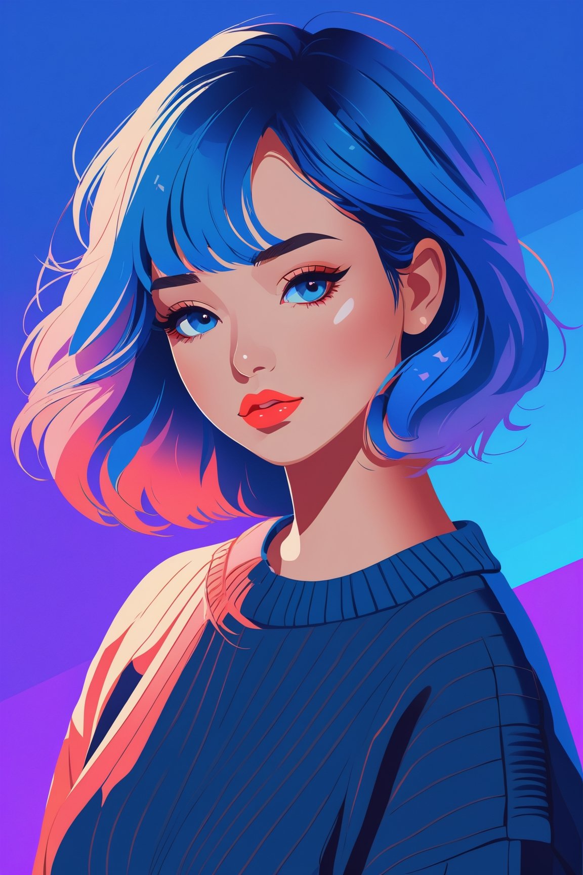 shadow flat vector art, illustrator, anime , realistic ,sketch , 1girl, ,lip, Sweater,order, Blue gradient background, Neon hair,Textured crop