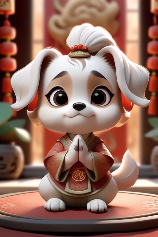 dog, ancient costume,Chinese style,cartoon,chibi, personification,3D,3d background,Mande namaste,cute