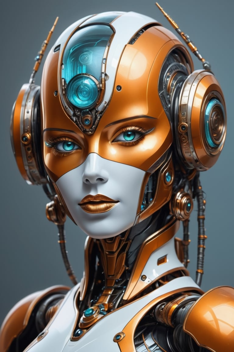 scifi fantasy illustration beautiful robot, in the style of realistic ultra-detailed portraits, dark white and orange, classic portrait, dark gold and aquamarine, realistic detail, hard edge, technological marvels