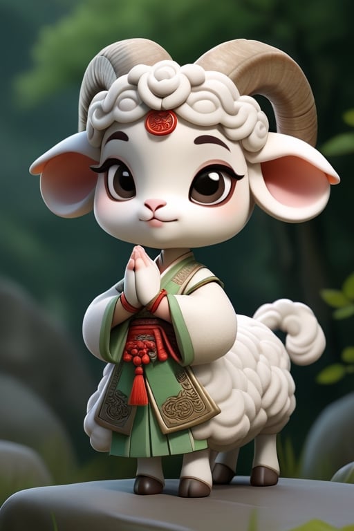 sheep, ancient costume,Chinese style,cartoon,chibi, personification,3D,3d background,Mande namaste,cute