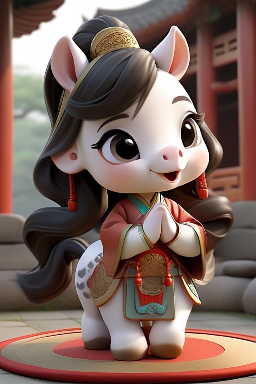 (hourse:1.5), (ancient costume),Chinese style,cartoon,chibi, personification,3D,3d background,(Mande namaste),cute