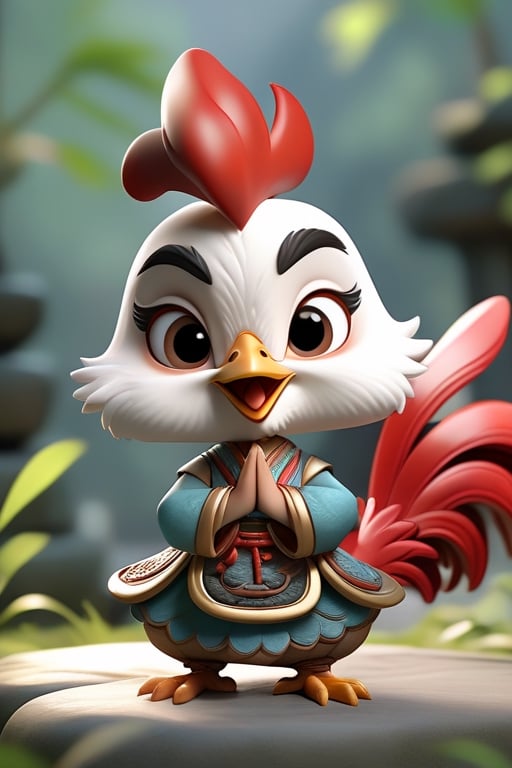 Rooster, ancient costume,Chinese style,cartoon,chibi, personification,3D,3d background,Mande namaste,cute