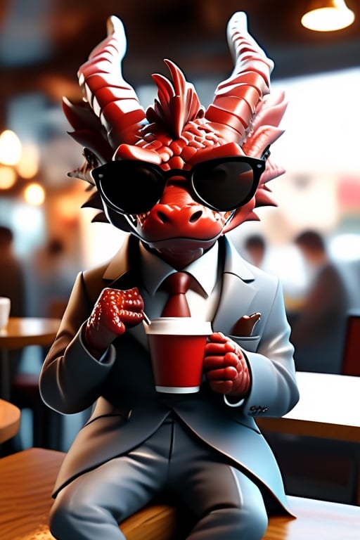 dragon, chibi, 3D,3d background, full body,Drinking coffee in a cafe wearing a suit and sunglasses,cute,photorealism,best quality, 8k,red,
cinematic lighting