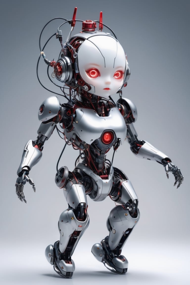 Imagine a heartwarming fighting scene featuring a scary little Iron woman robot. Picture a small, ((Full front shot)), ((full body)), best quality,an extremely delicate and beautiful,Chest covered,cinematic light, (1mechanical girl), solo, ((long hair)), Hanging by wires and tubes, (machine made joints:1.2), mechanical limbs, (blood vessels connected to tubes), (mechanical vertebra attaching to back), mechanical cervical attaching to neck, (sitting), (chest covered), (wires and cables attaching to neck:1.2), (beauty and cute on head:1.2), (character focus), science fiction, (((very small yet adorable body))), cheerfully saying hi to the viewer. Envision this super cute image embodying the charm of technology in a tiny, endearing package, set against a hell background. Capture the scary and wisdom of the darkness season with this delightful depiction of a robotic demon spreading cheer.from below,Chibi Style,3d figure