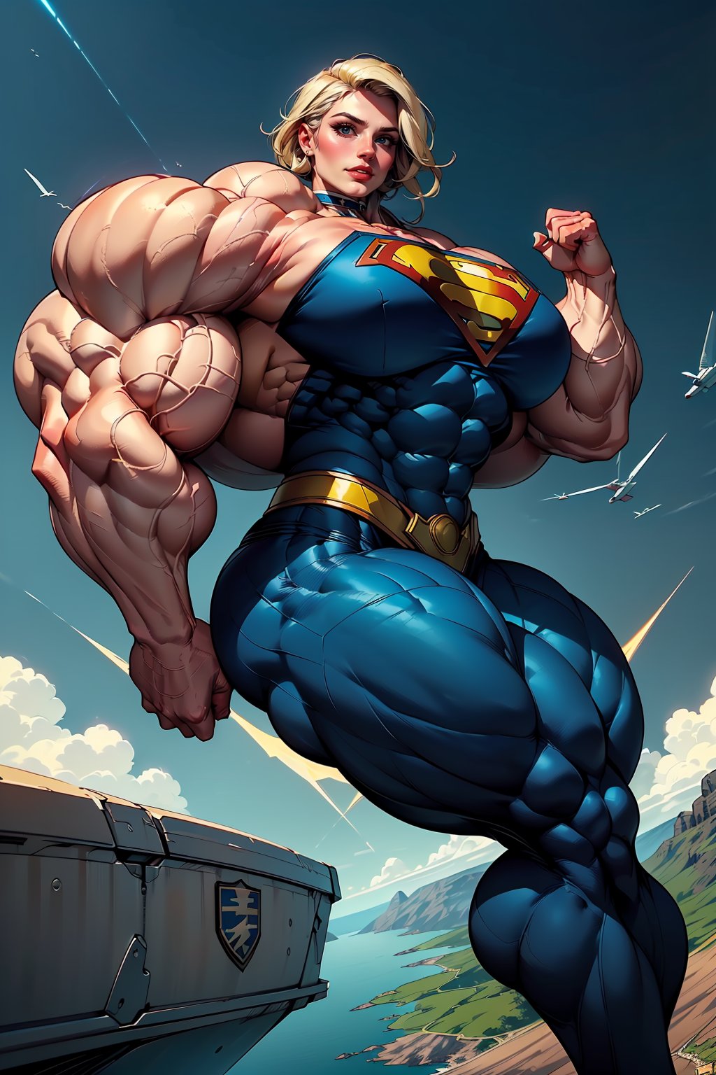 Here's your prompt:

Supergirl  ((((flying at skye, flying)), with a warm smile and hint of mischief in her expression. Her flawless face radiates confidence. ((A form-fitting blue suit with the S emblem)) showcases her toned physique under dramatic lighting, highlighting (((rounded biceps, defined abs, and huge muscles, massive legs)))). ((Blonde hair)) frames her face, emphasizing her athletic figure. The skin has an ultra-realistic finish, reminiscent of high-quality Octane renderings. She bends over, speaking mockingly to Superman while showcasing her incredible feats of strength. ((((flying at skye, flying)), ((((flying at skye, flying)),