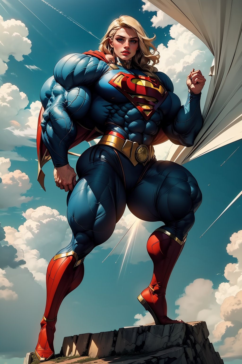 Supergirl soars through the sky, her full-body pose radiating confidence and hinting at mischief. Warm smile spreads across her flawless face as she bends over, speaking mockingly to Superman while showcasing her incredible feats of strength. Her toned physique is highlighted by dramatic lighting, accentuating rounded biceps, defined abs, and massive legs under a form-fitting blue suit with the S emblem. Blonde hair frames her face, emphasizing her athletic figure, with ultra-realistic skin finishing reminiscent of high-quality Octane renderings against a bright, sunny sky.