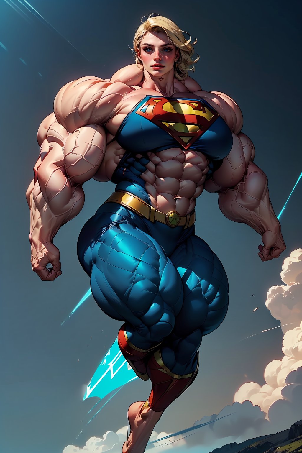 Here's your prompt:

Supergirl  ((((flying at skye, flying)), with a warm smile and hint of mischief in her expression. Her flawless face radiates confidence. ((A form-fitting blue suit with the S emblem)) showcases her toned physique under dramatic lighting, highlighting (((rounded biceps, defined abs, and huge muscles, massive legs)))). ((Blonde hair)) frames her face, emphasizing her athletic figure. The skin has an ultra-realistic finish, reminiscent of high-quality Octane renderings. She bends over, speaking mockingly to Superman while showcasing her incredible feats of strength. ((((flying at skye, flying)), ((((flying at skye, flying)),