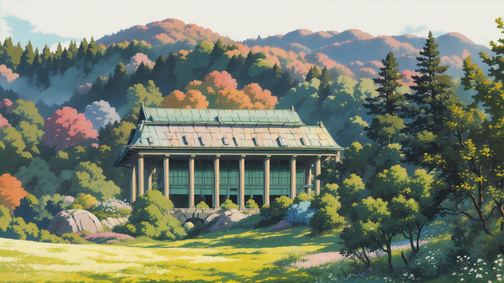 masterpiece, best quality, incredibly absurdres, meadow, grass, flowers, White building in the autumn forest, perfect scenery, multi colored sky, excellent lighting, studio Ghibli ,ghibli style
