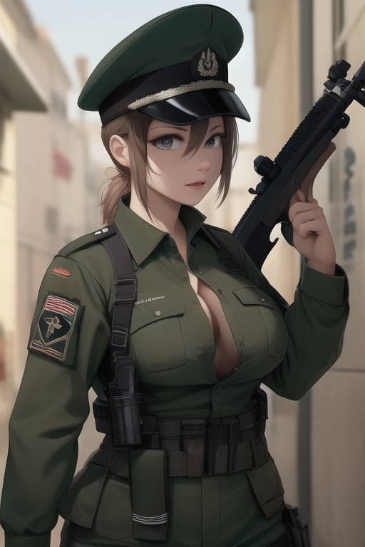 a woman in a military uniform, a rifle between her tits