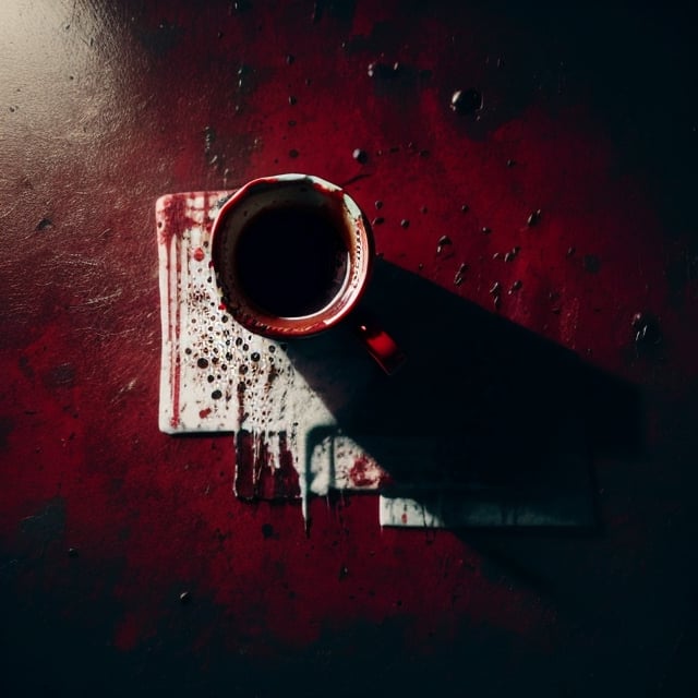 There is a coffee mug on the red table, top view, Soft studio light from above