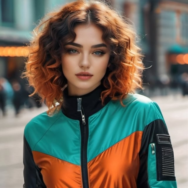 Create a beautiful russian 22 year old woman with turquoise wavy curly chin length hair,orange colored,black jacket.photo r3al,detailmaster2,aesthetic portrait