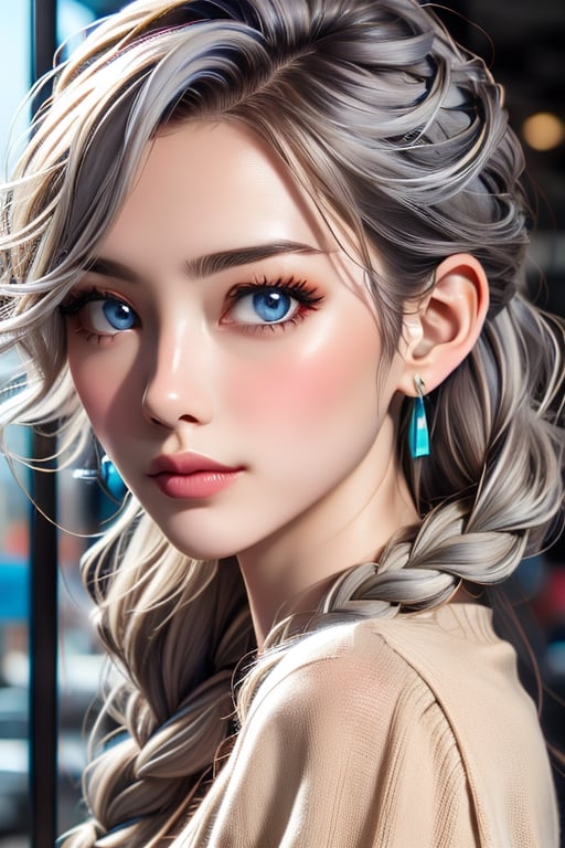 1girl, solo, long hair, looking at viewer, blue eyes, jewelry, closed mouth, braid, white hair, earrings, twin braids, lips, grey eyes, tattoo, facial mark, portrait, hair over shoulder, realistic,Asia,Woman ,Taiwan ,lelev3