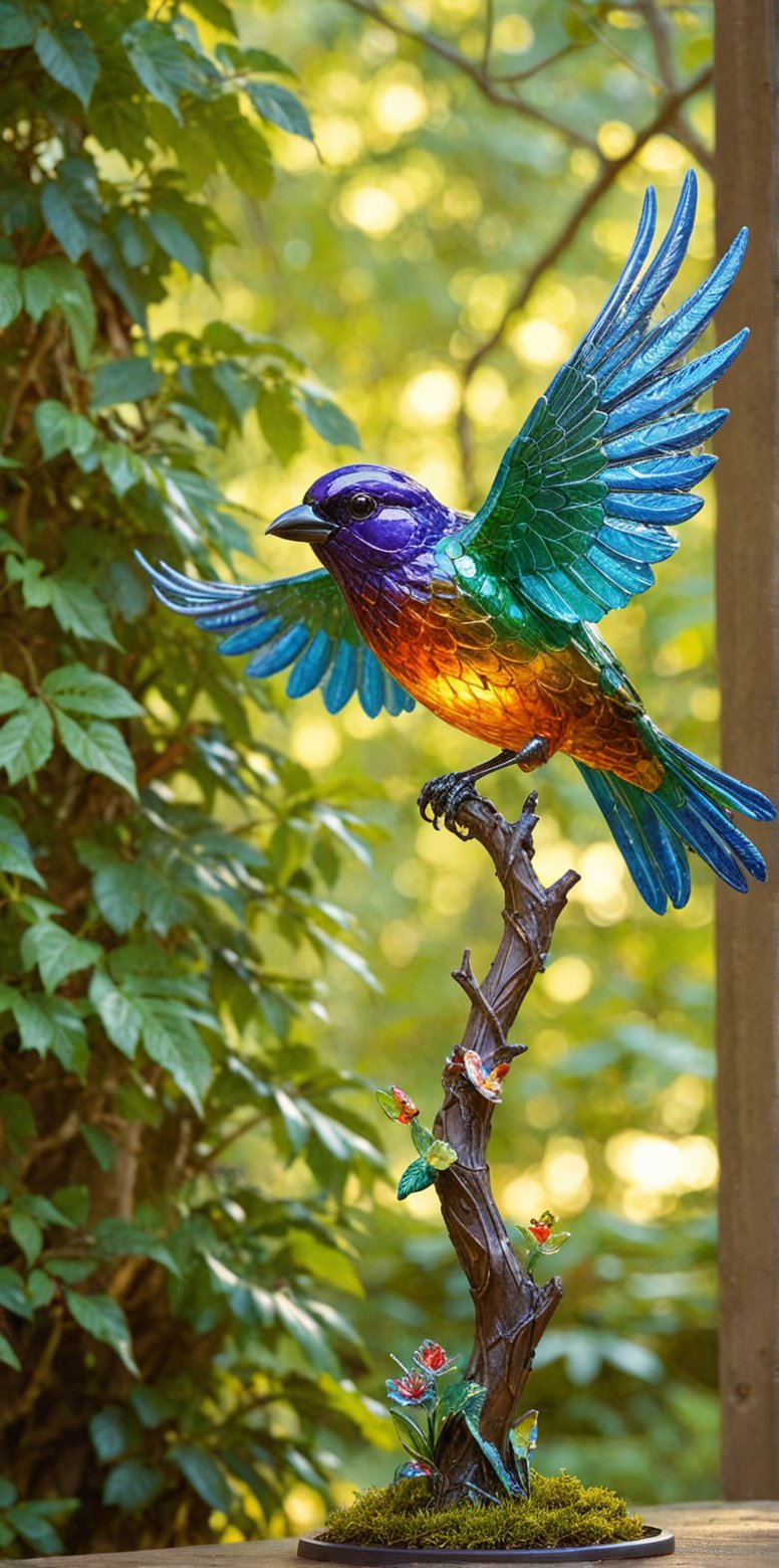 In a warm, sun-kissed forest clearing, a stunning masterpiece comes to life. A vibrant glass carving sparrow, with XL glittering wings that shimmer in hues of emerald and sapphire, perches effortlessly on a slender tree branch. The cinematic lighting casts a soft glow, accentuating the delicate, colorful glasswork as it seems to defy gravity. The surrounding foliage is a tapestry of greens, providing a lush backdrop for this whimsical, oversized avian sculpture.