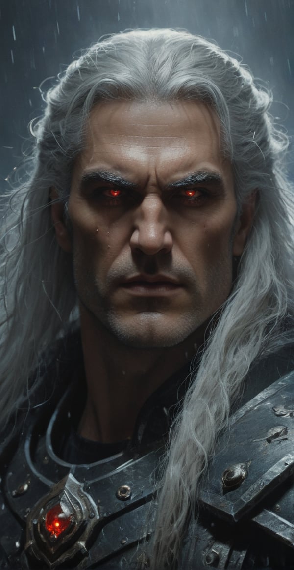 A majestic close-up portrait of Angron, Primarch of the World Eaters XII Legion, radiates intense energy. Long, partially black, and white hair flows like fiery lava, entwined with mystical mist. a small bleeding cut on the forehead. His normal skin glows with an otherworldly aura. Vibrant colours burst forth from his eyes, as if infused by the silver full moon's ethereal light. The background: a swirling storm of rain and lightning, set against the dark, mysterious forest. Every detail is meticulously crafted, reminiscent of a fine art painting by Drew Struzan and Karol Bak. Gothic architecture and ilya kuvshinov's haunting atmosphere converge to create a masterpiece that embodies the essence of war.