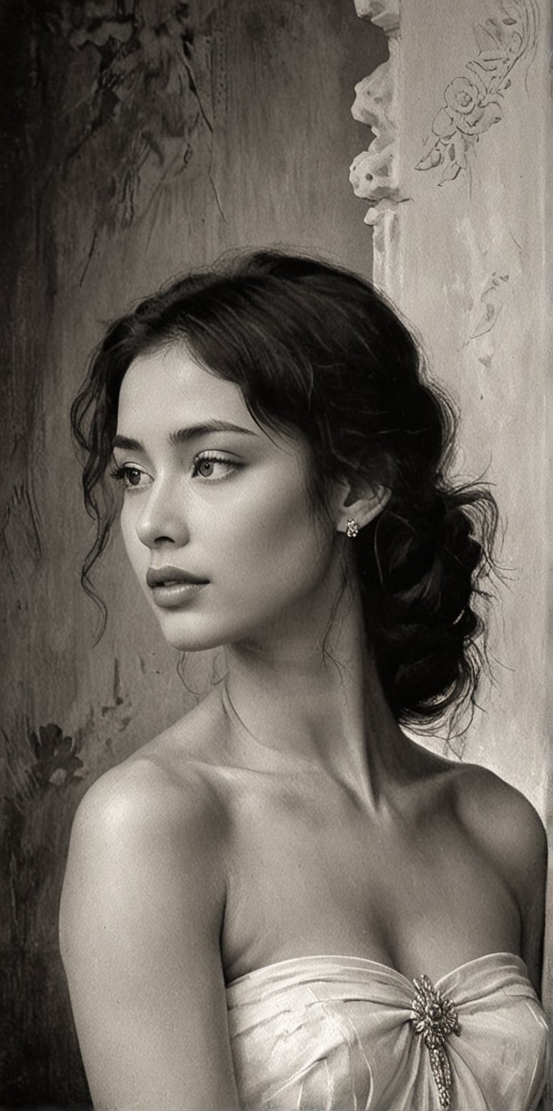 A stunning black and white masterpiece, reminiscent of Pierre-Auguste Renoir's finest works. A single beautiful girl, bathed in soft, elegant lighting, poses thoughtfully against a subtle background, evoking the serene beauty of Ancient Thailand. Her figure is rendered with exquisite anatomy, as if captured by John Singer Sargent's skilled brushstrokes. The composition is refined, with deliberate negative space drawing attention to her captivating presence.