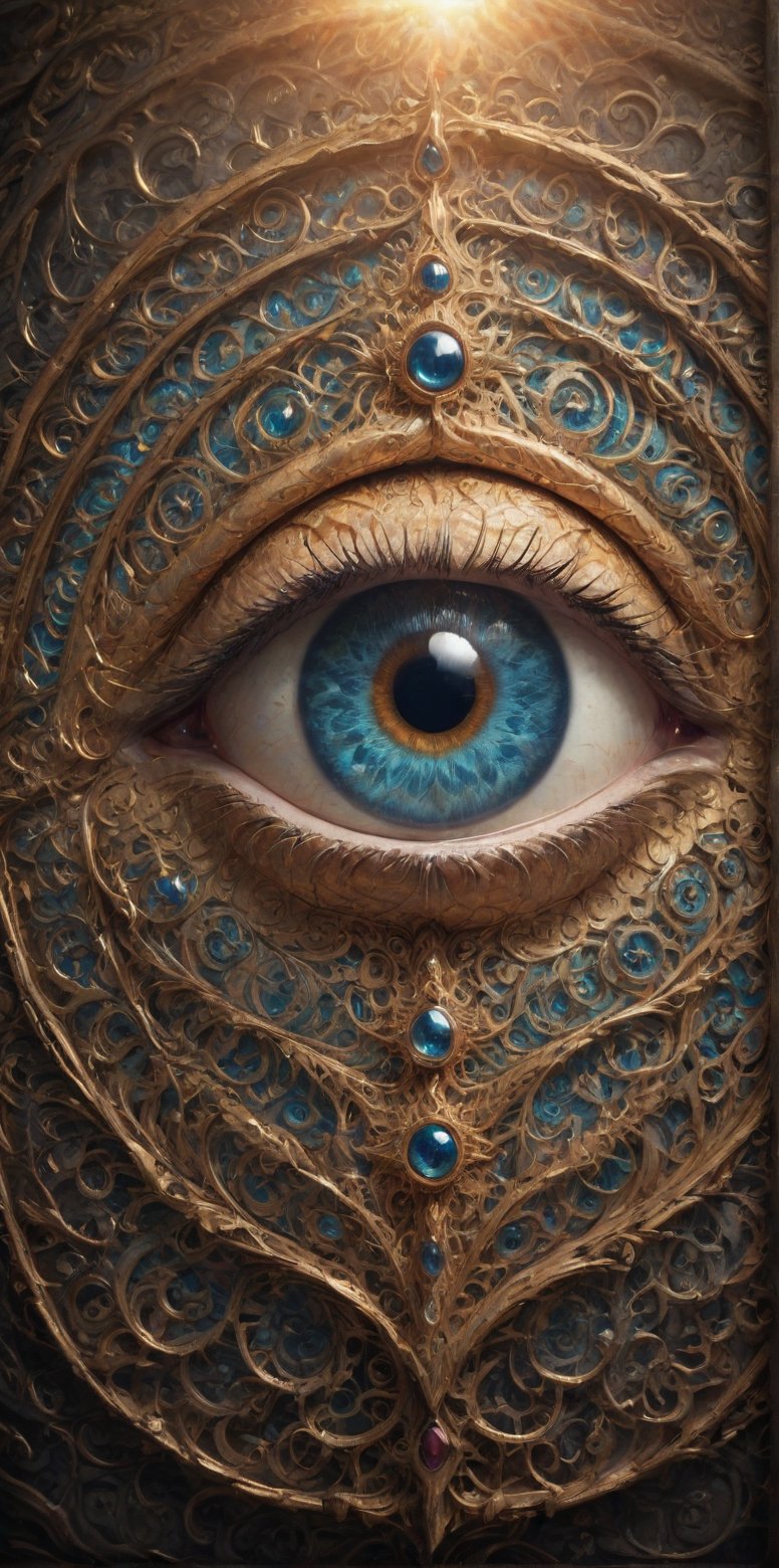 A close-up shot of an intricately designed eye, situated at the center of a person's chest. The eye is surrounded by ornate patterns and swirling shapes, reminiscent of a famous artist's unique style. The subject's facial expression is contemplative, with a hint of wisdom, as if gazing inwardly. The warm lighting casts a soft glow on the design, highlighting its intricate details.