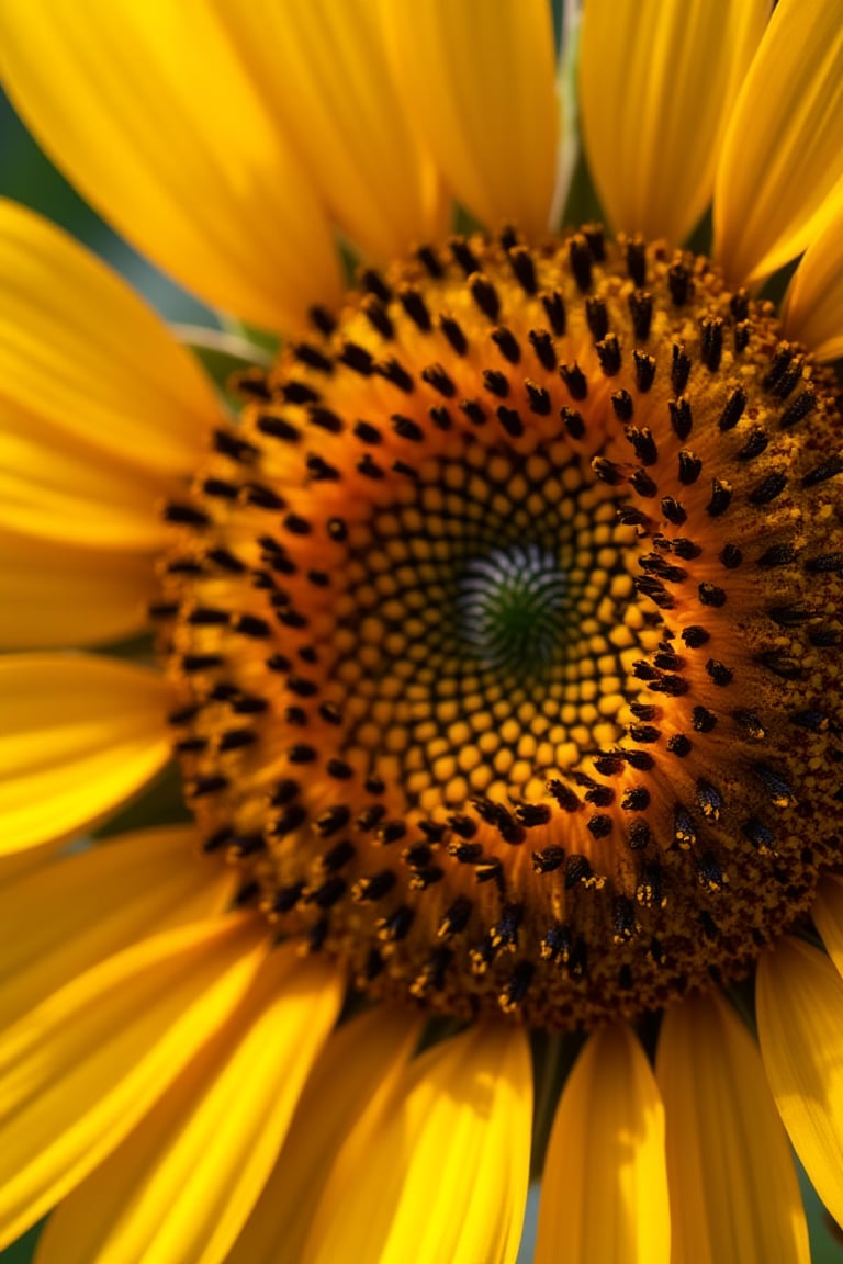 disc floret of a sunflower, captured on Hasselblad H6D-400c MS, low exposure, high contrast, ISO 100, with a 120mm macro lens, 